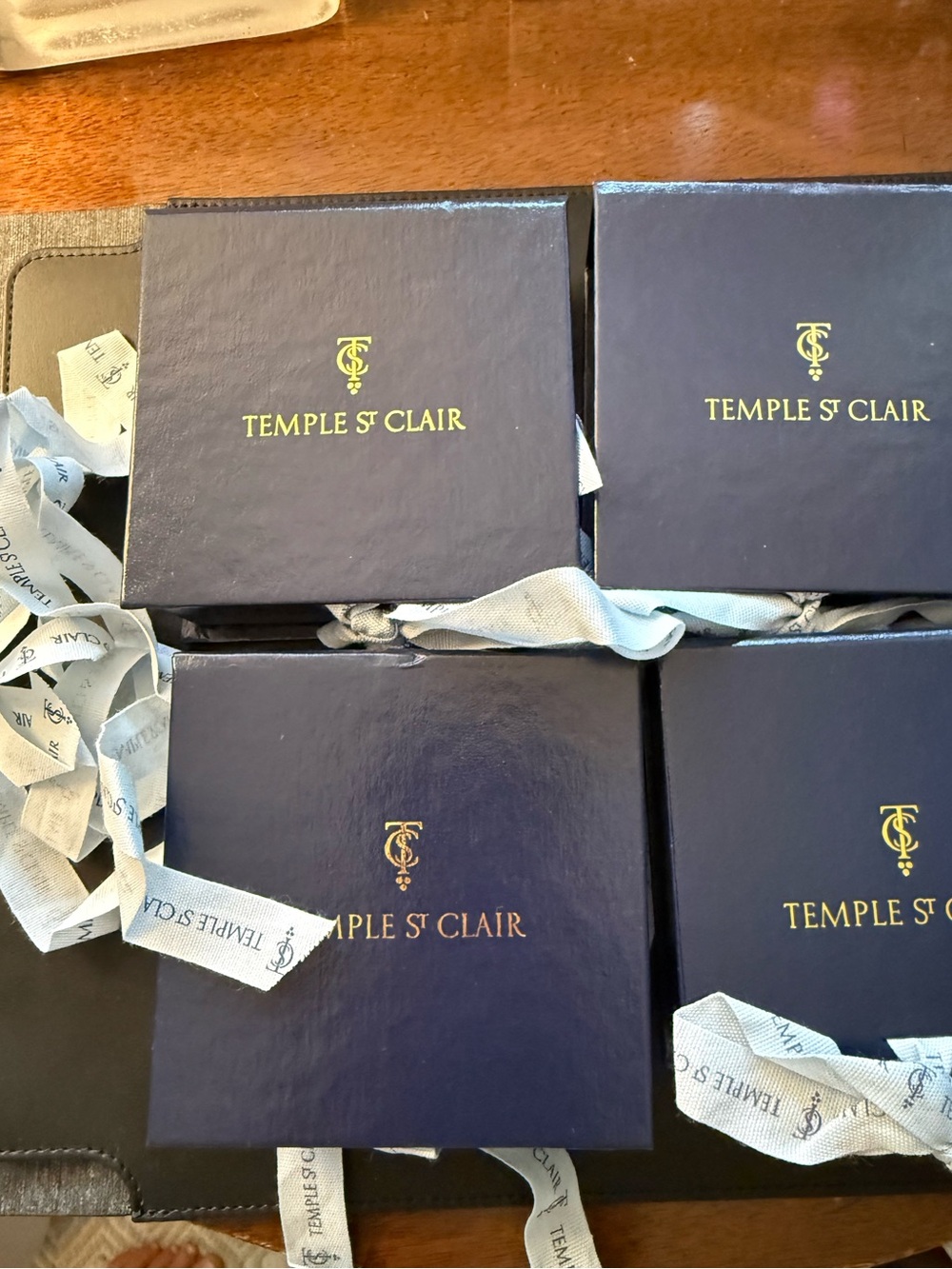 Temple St Clair Blue Square Gift Boxes w/ Ribbon Lot of 4 w extra ribbon